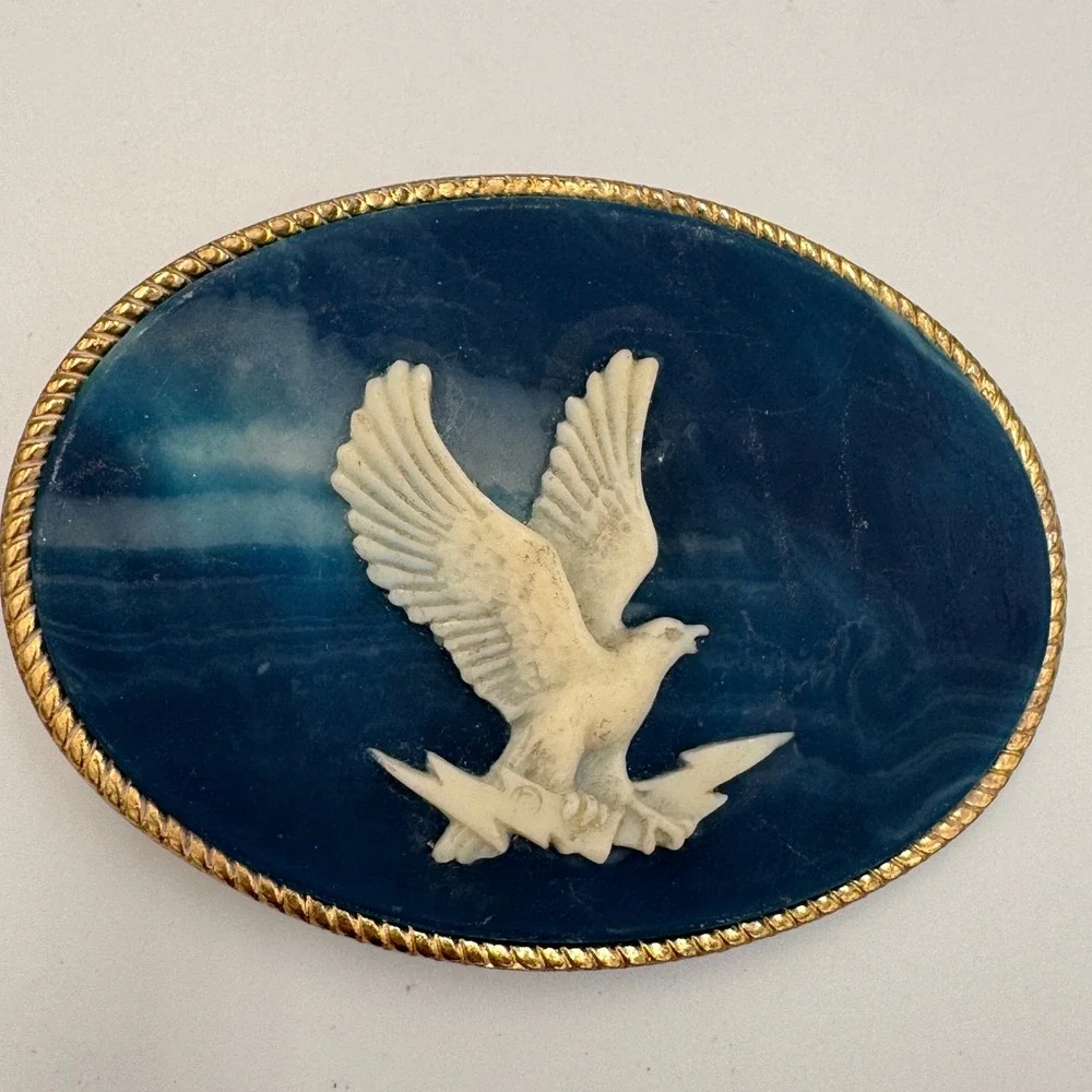 Incolay‎ Stone Eagle Belt Buckle Blue White Marbled Handcrafted USA Vintage Oval